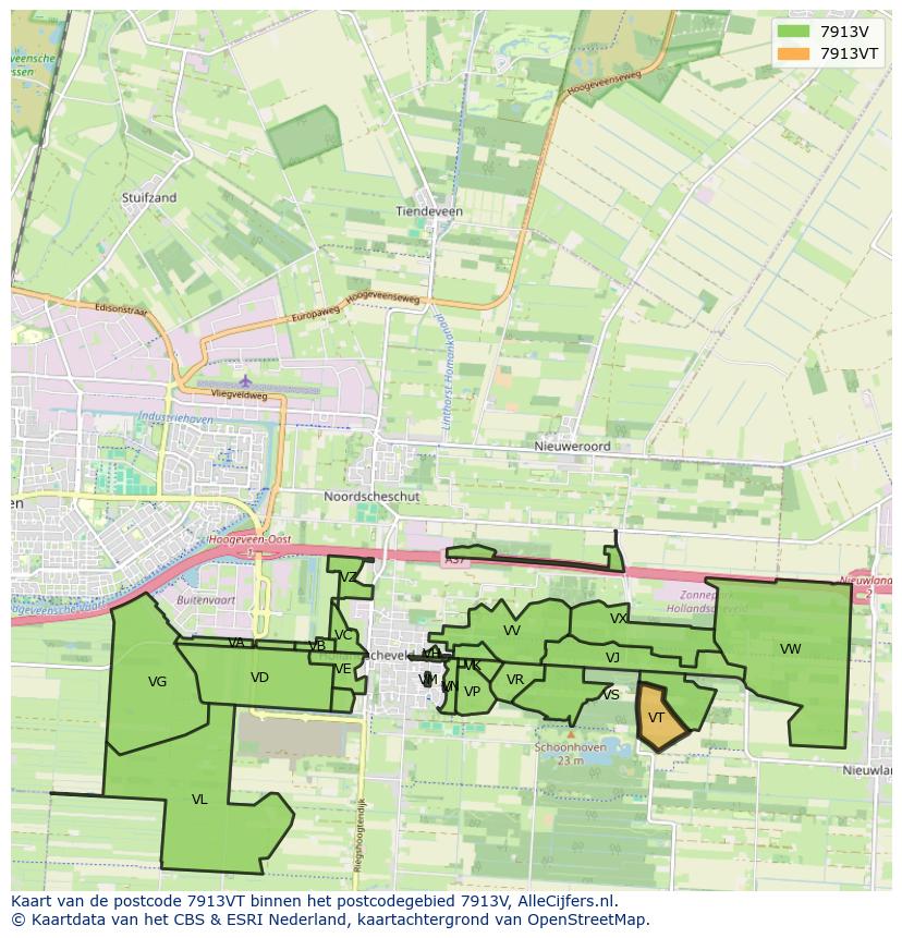 Afbeelding van het postcodegebied 7913 VT op de kaart.