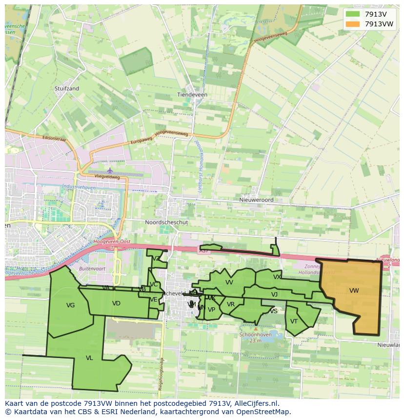Afbeelding van het postcodegebied 7913 VW op de kaart.