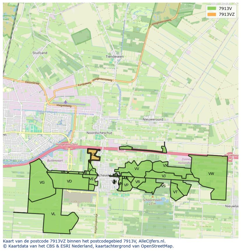 Afbeelding van het postcodegebied 7913 VZ op de kaart.