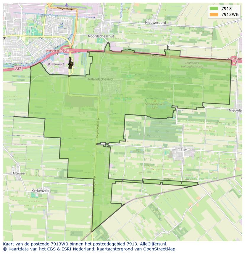 Afbeelding van het postcodegebied 7913 WB op de kaart.