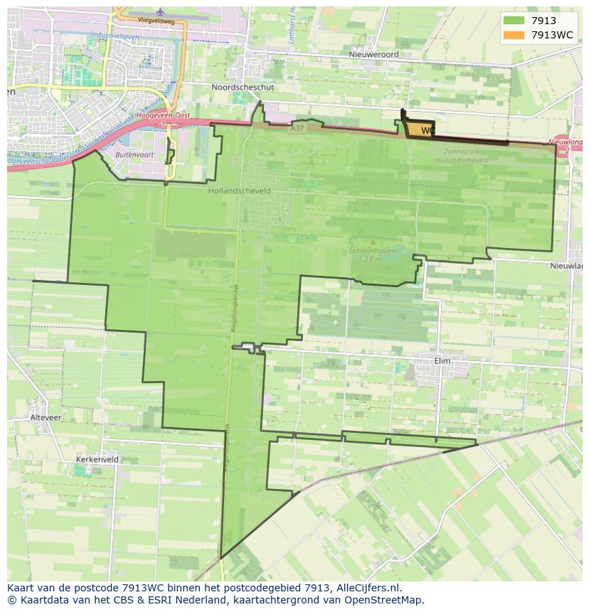Afbeelding van het postcodegebied 7913 WC op de kaart.