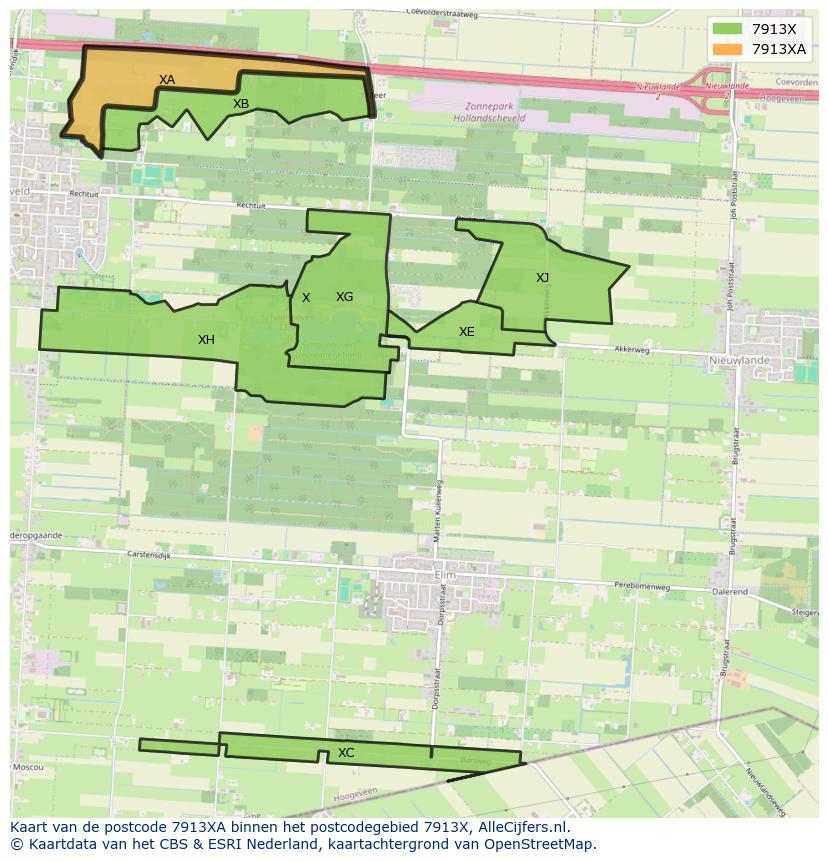 Afbeelding van het postcodegebied 7913 XA op de kaart.