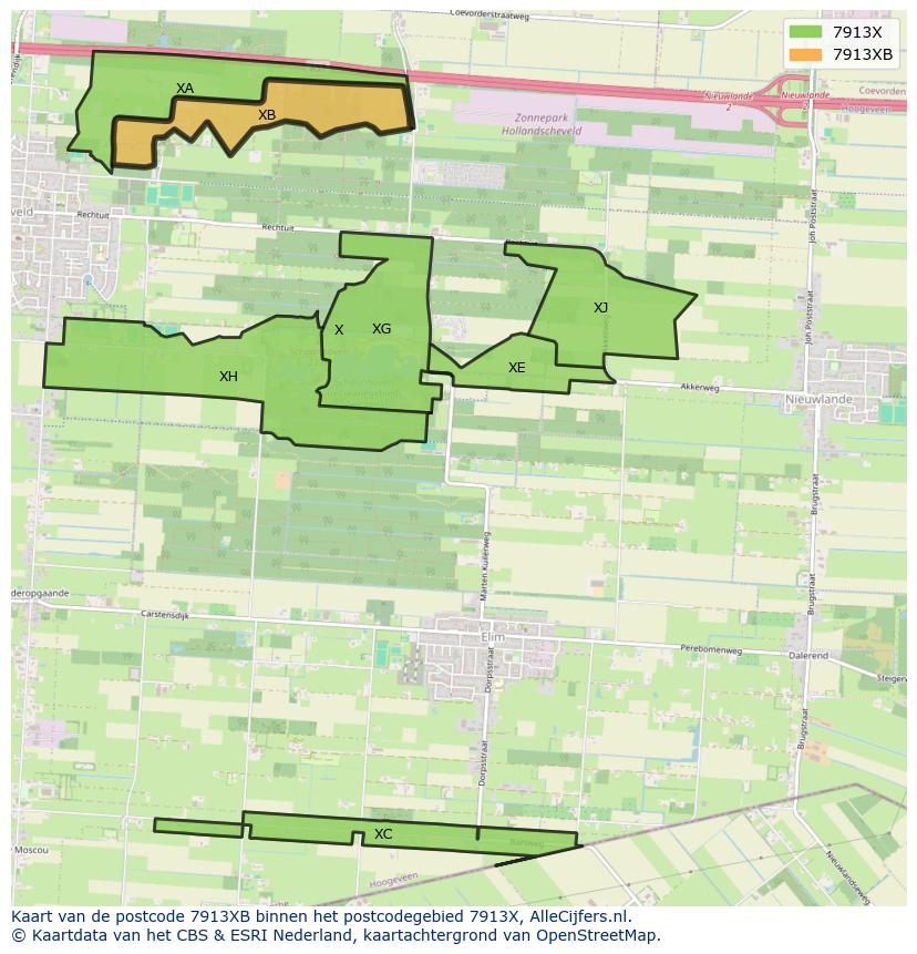 Afbeelding van het postcodegebied 7913 XB op de kaart.