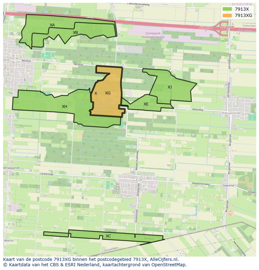 Afbeelding van het postcodegebied 7913 XG op de kaart.