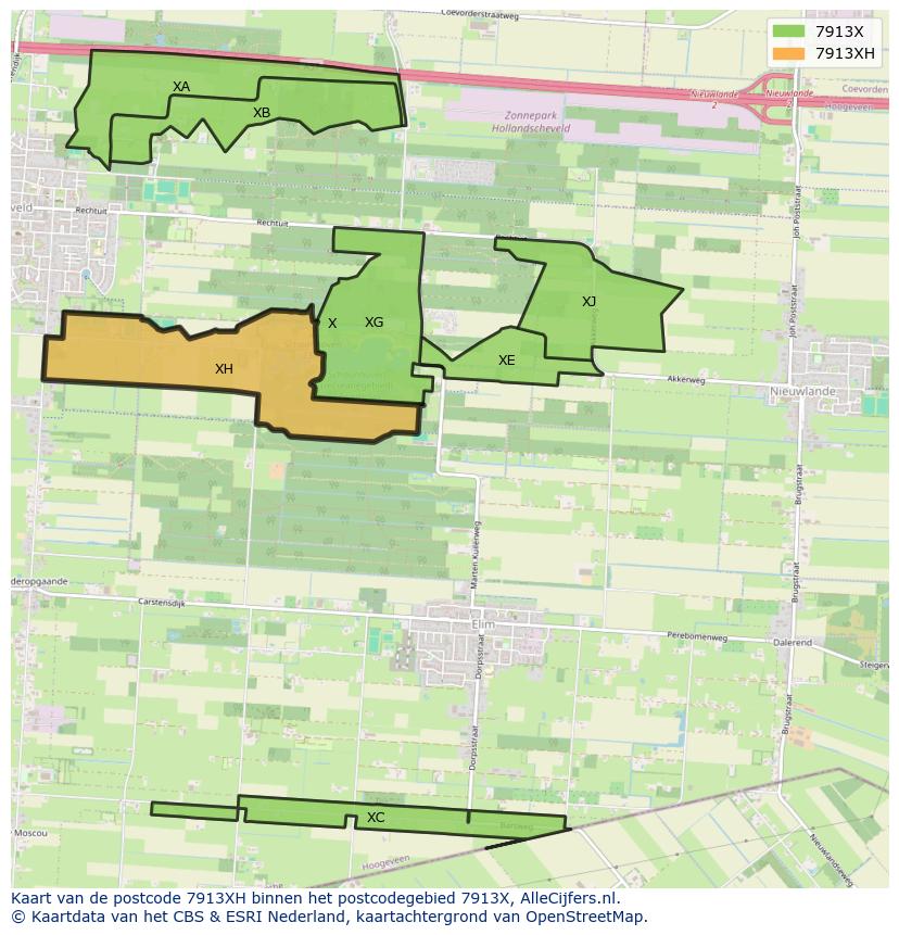 Afbeelding van het postcodegebied 7913 XH op de kaart.