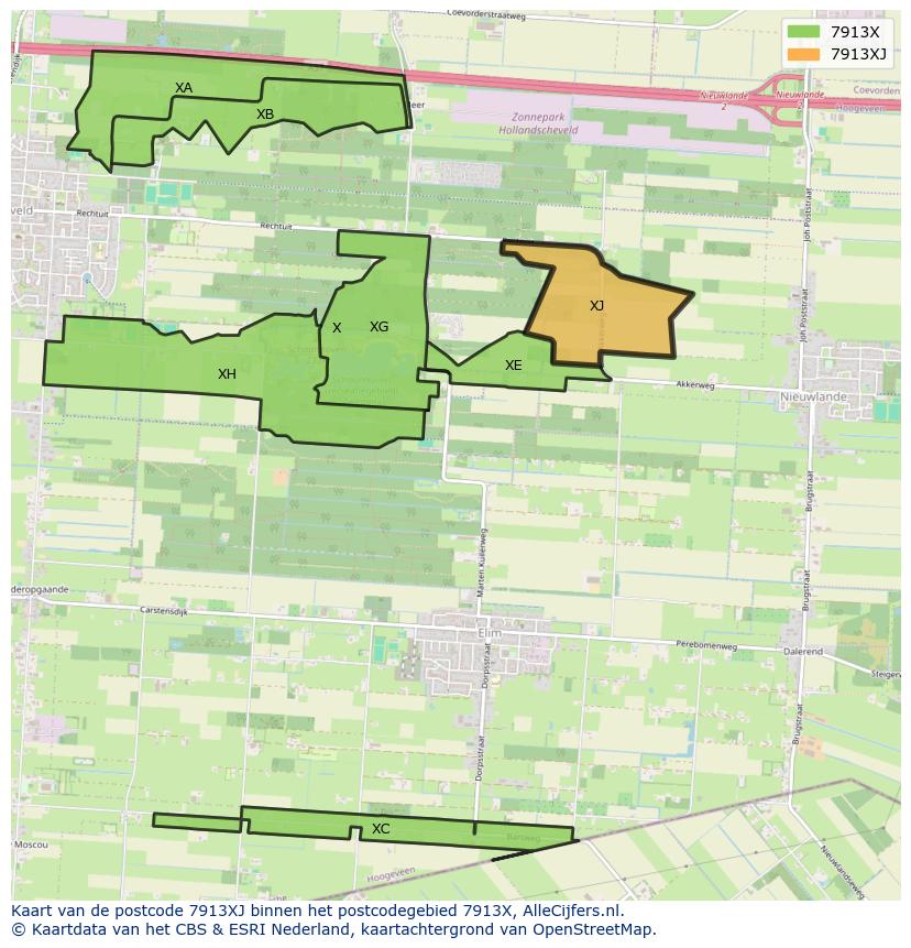 Afbeelding van het postcodegebied 7913 XJ op de kaart.