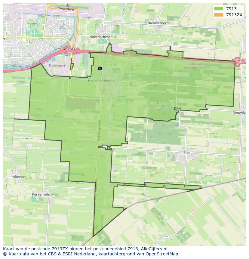 Afbeelding van het postcodegebied 7913 ZX op de kaart.