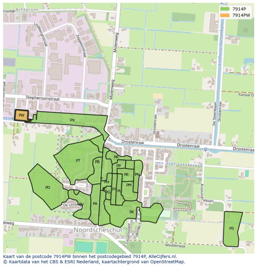 Afbeelding van het postcodegebied 7914 PW op de kaart.