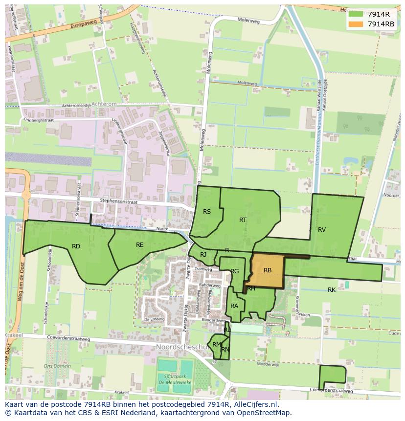 Afbeelding van het postcodegebied 7914 RB op de kaart.