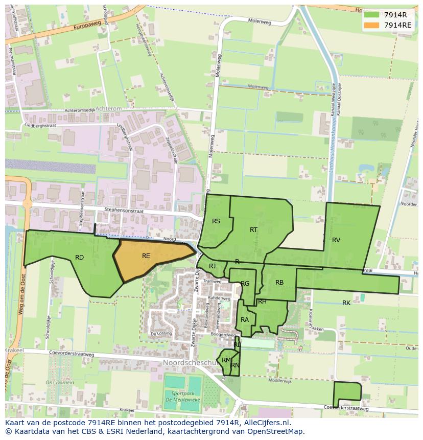 Afbeelding van het postcodegebied 7914 RE op de kaart.