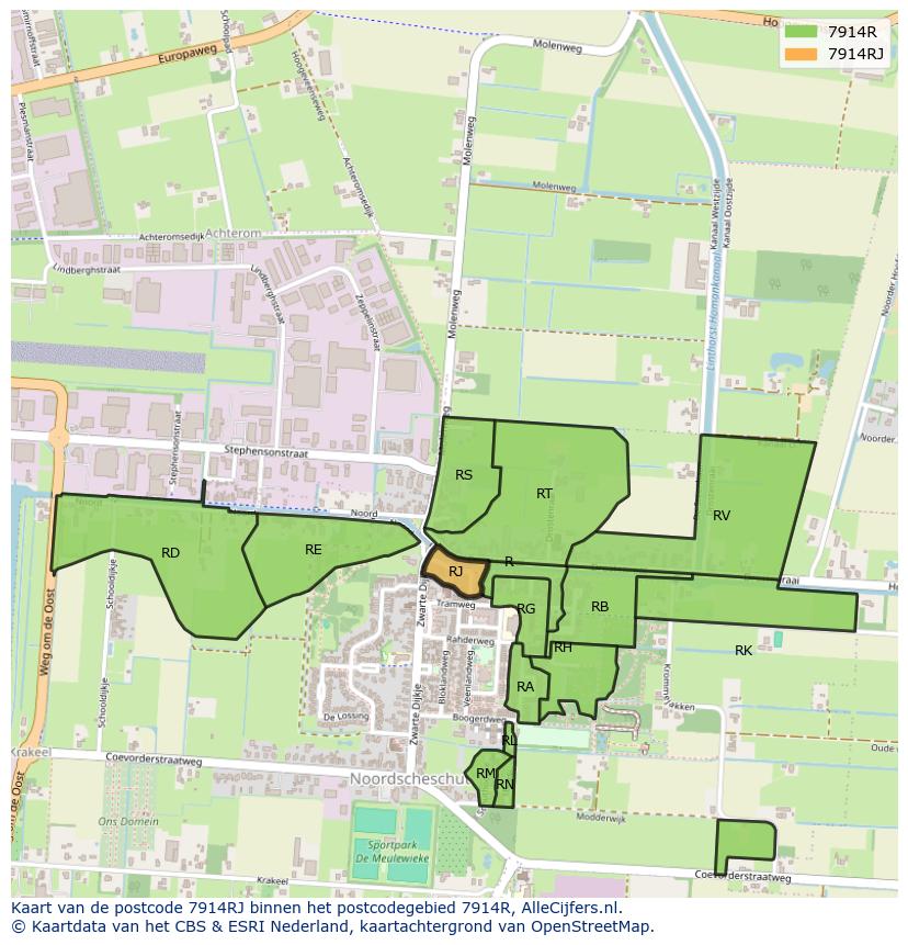 Afbeelding van het postcodegebied 7914 RJ op de kaart.