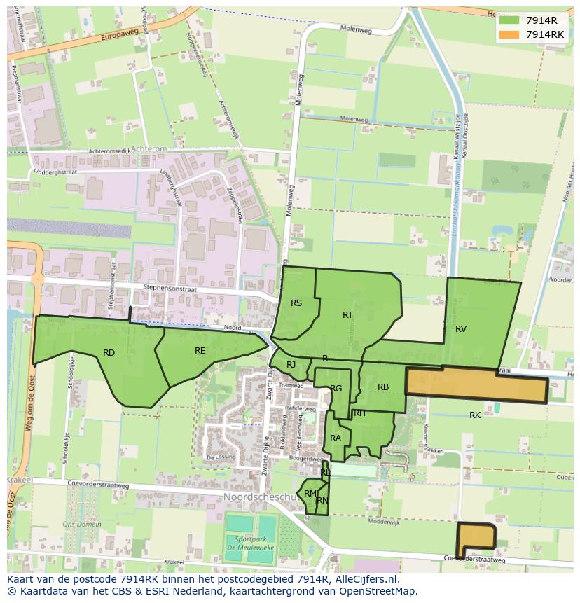 Afbeelding van het postcodegebied 7914 RK op de kaart.