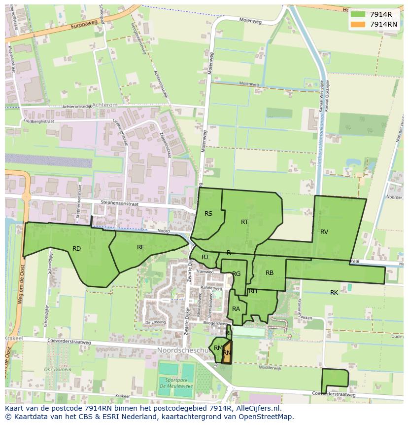 Afbeelding van het postcodegebied 7914 RN op de kaart.