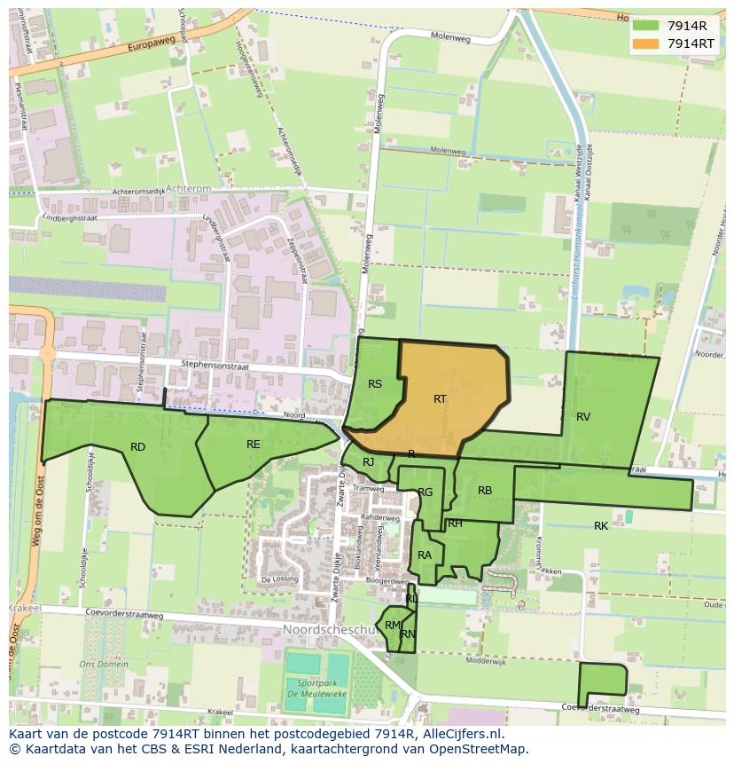 Afbeelding van het postcodegebied 7914 RT op de kaart.