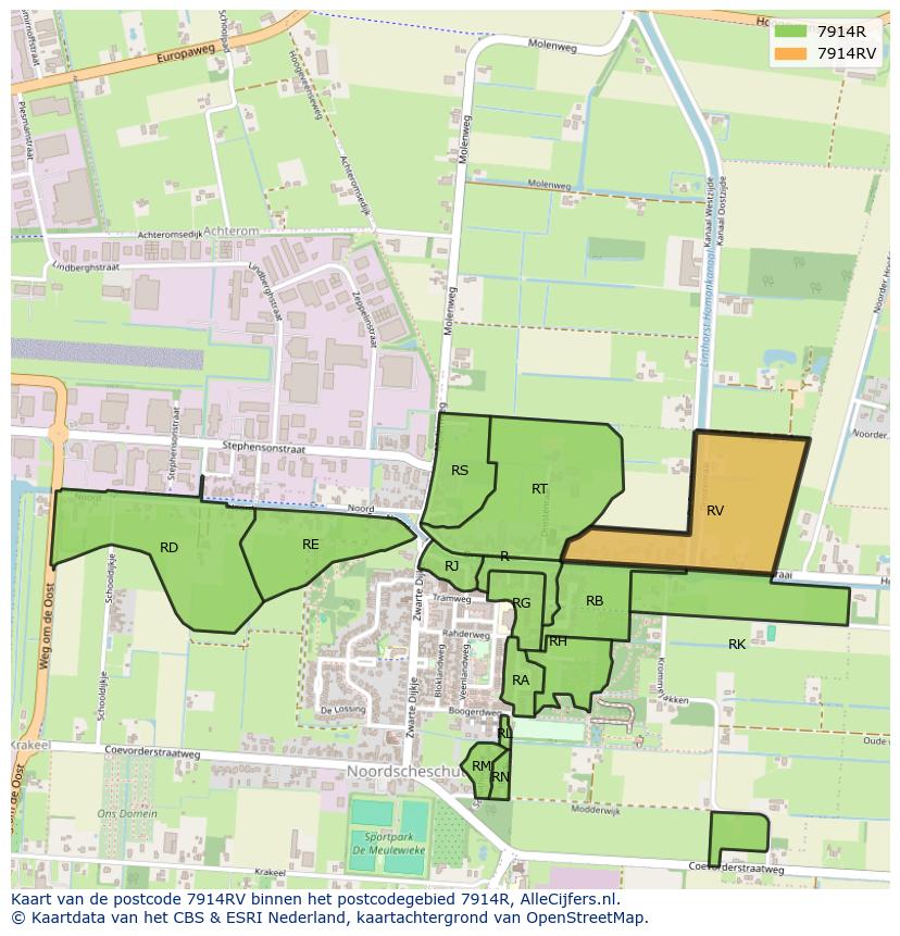 Afbeelding van het postcodegebied 7914 RV op de kaart.