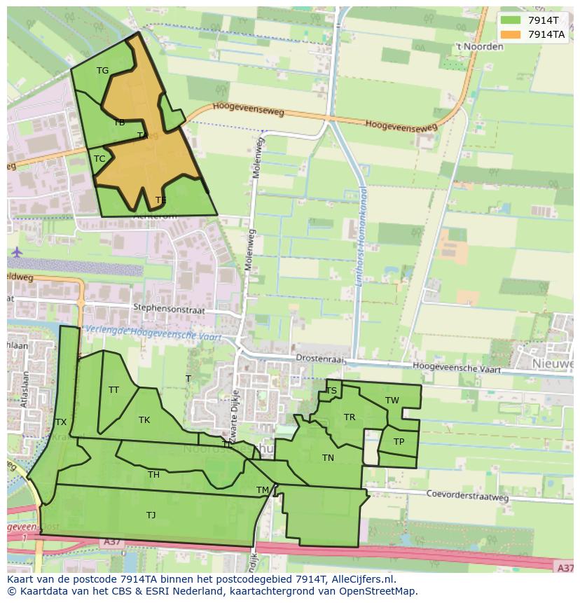 Afbeelding van het postcodegebied 7914 TA op de kaart.