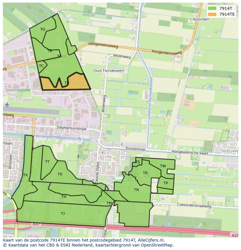 Afbeelding van het postcodegebied 7914 TE op de kaart.