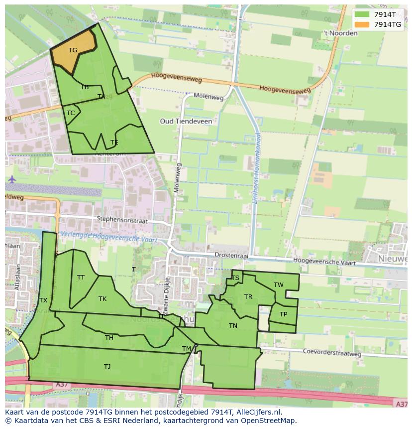 Afbeelding van het postcodegebied 7914 TG op de kaart.