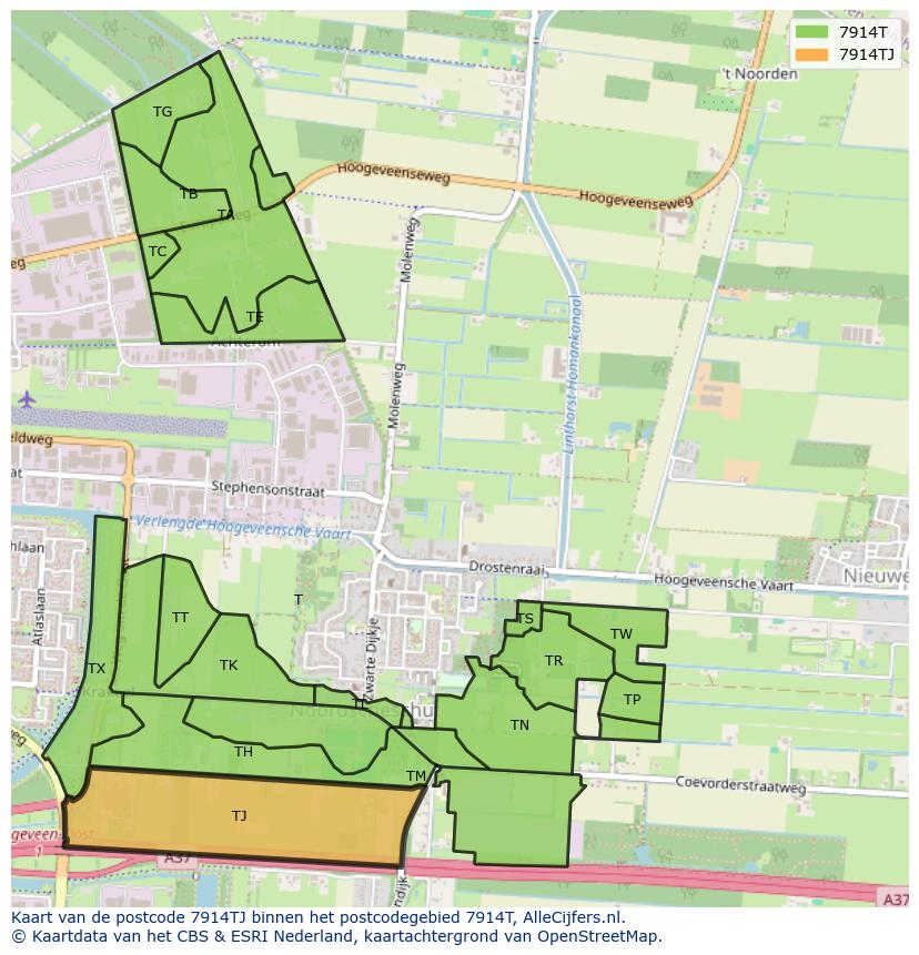 Afbeelding van het postcodegebied 7914 TJ op de kaart.