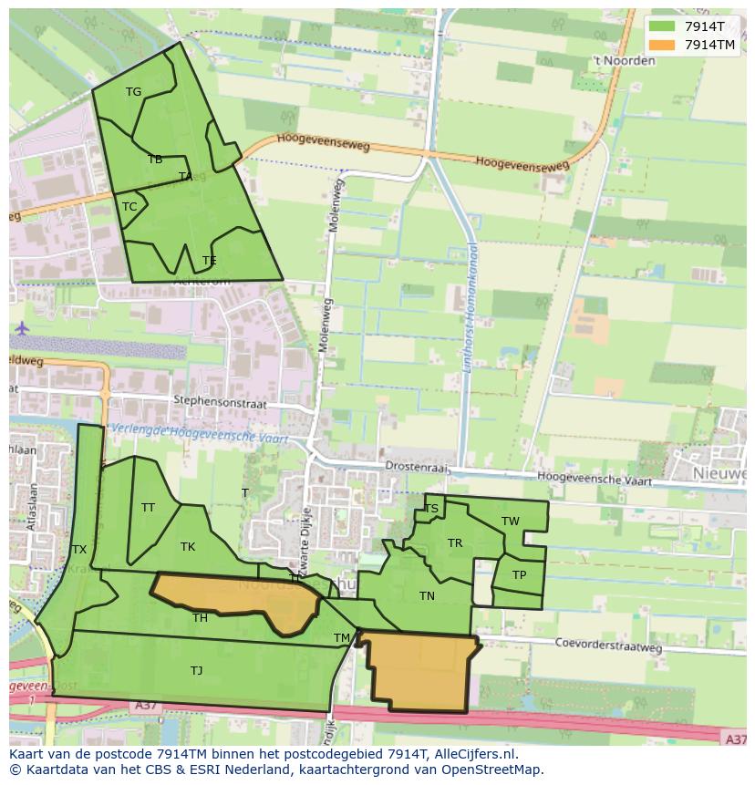 Afbeelding van het postcodegebied 7914 TM op de kaart.