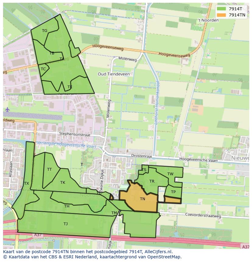 Afbeelding van het postcodegebied 7914 TN op de kaart.