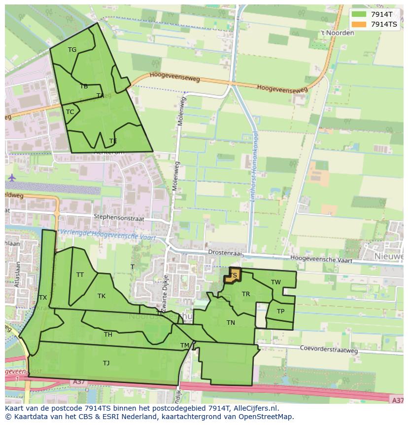 Afbeelding van het postcodegebied 7914 TS op de kaart.