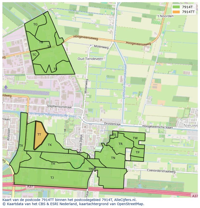 Afbeelding van het postcodegebied 7914 TT op de kaart.