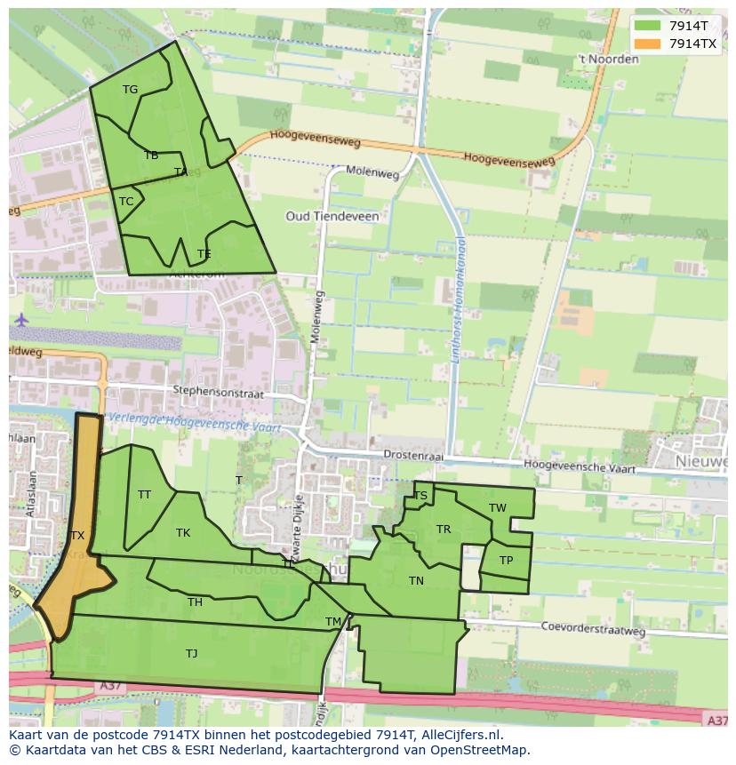 Afbeelding van het postcodegebied 7914 TX op de kaart.