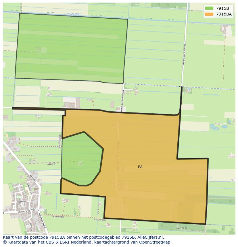 Afbeelding van het postcodegebied 7915 BA op de kaart.