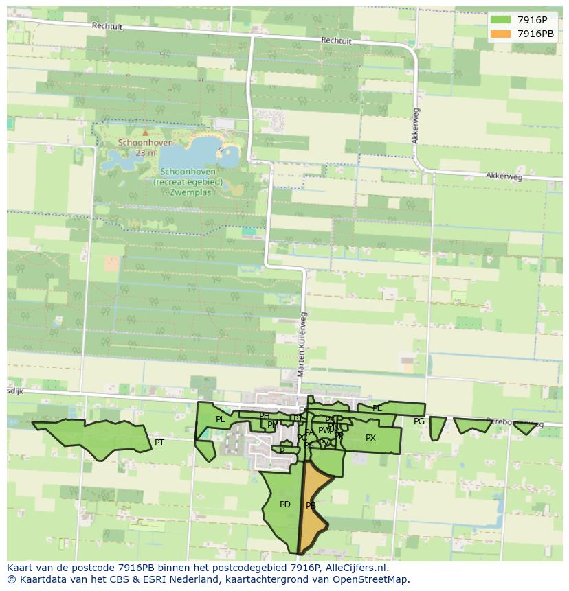 Afbeelding van het postcodegebied 7916 PB op de kaart.