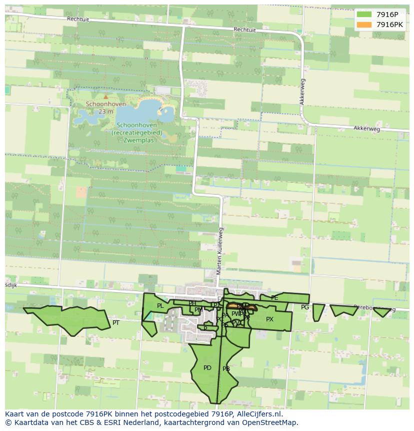 Afbeelding van het postcodegebied 7916 PK op de kaart.