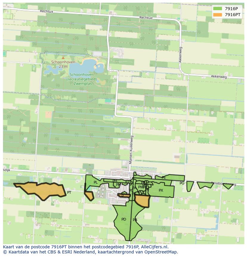 Afbeelding van het postcodegebied 7916 PT op de kaart.
