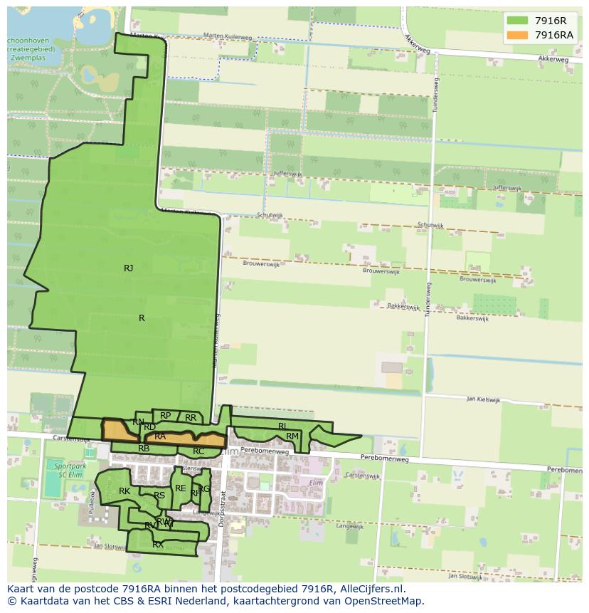 Afbeelding van het postcodegebied 7916 RA op de kaart.