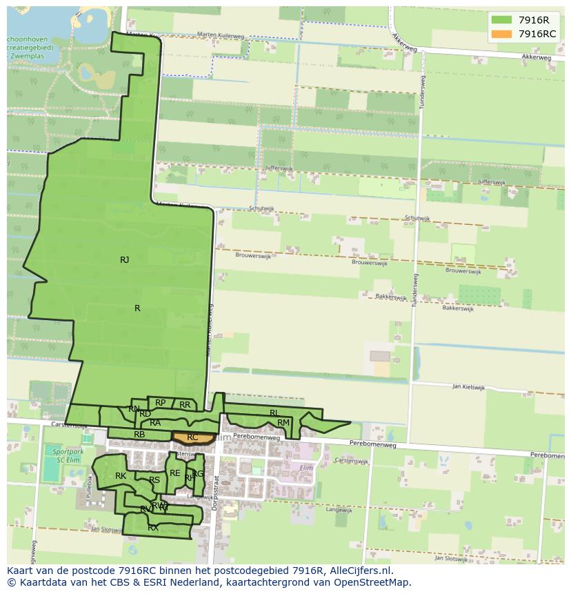 Afbeelding van het postcodegebied 7916 RC op de kaart.
