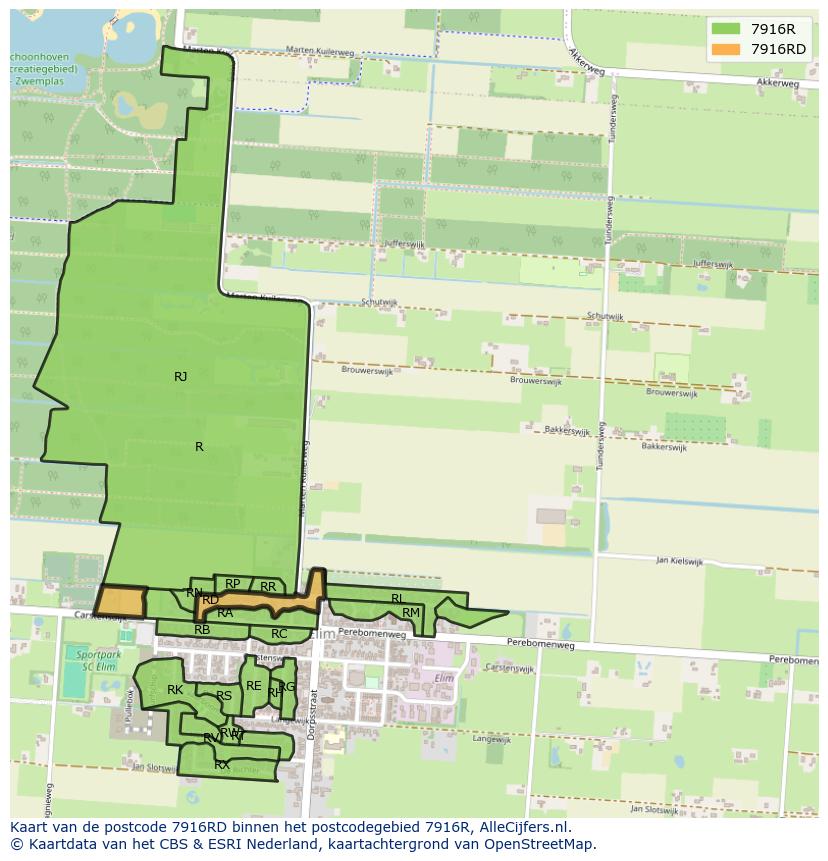 Afbeelding van het postcodegebied 7916 RD op de kaart.