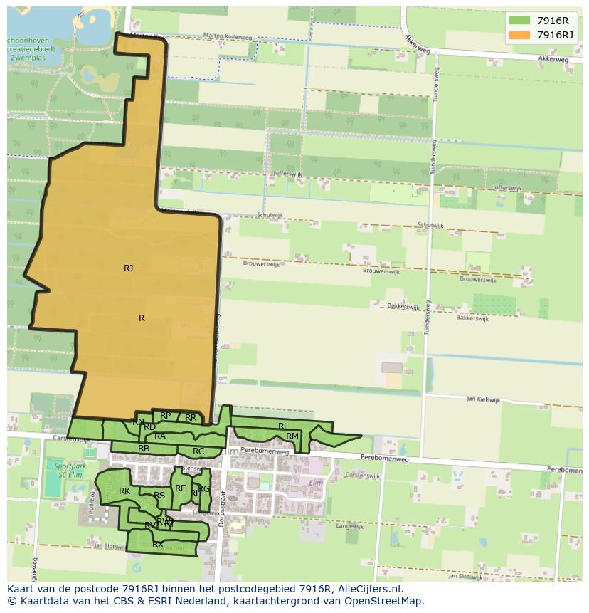 Afbeelding van het postcodegebied 7916 RJ op de kaart.
