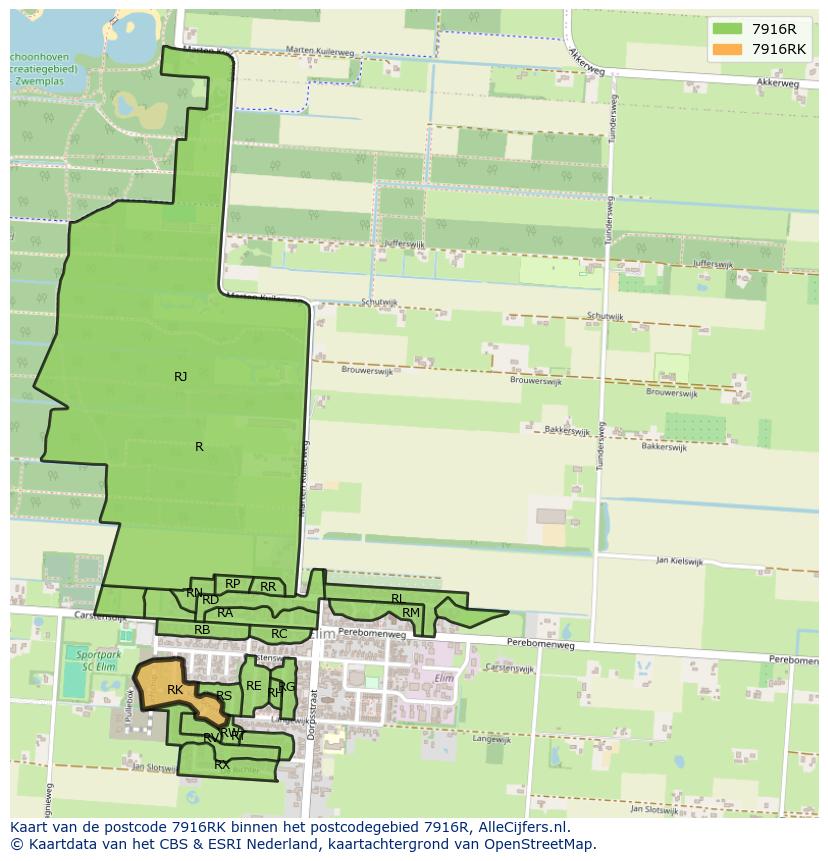 Afbeelding van het postcodegebied 7916 RK op de kaart.