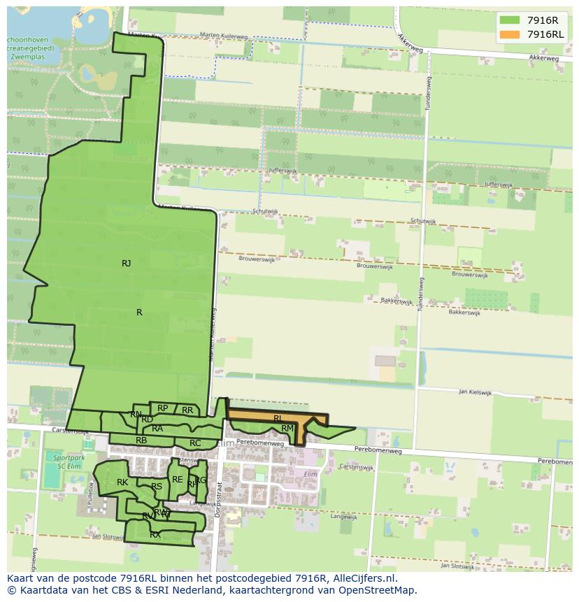 Afbeelding van het postcodegebied 7916 RL op de kaart.