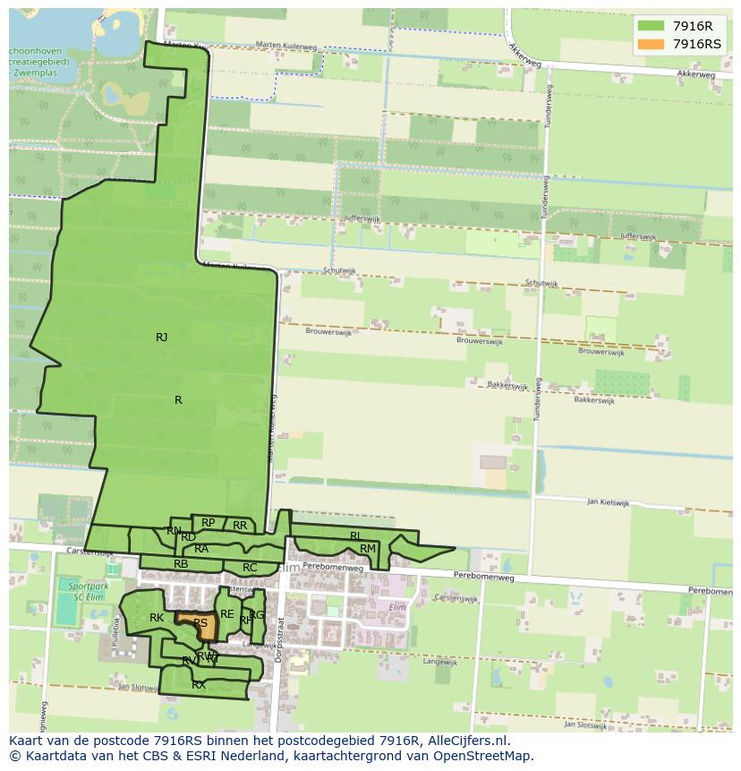 Afbeelding van het postcodegebied 7916 RS op de kaart.