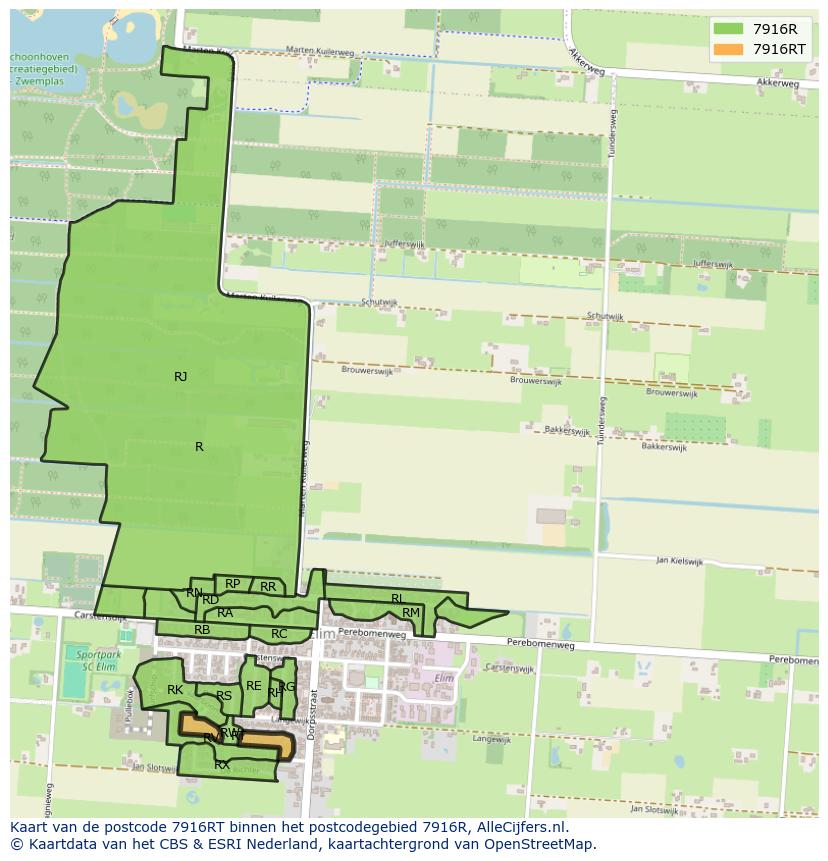 Afbeelding van het postcodegebied 7916 RT op de kaart.