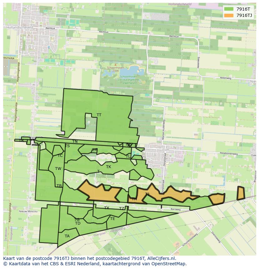 Afbeelding van het postcodegebied 7916 TJ op de kaart.