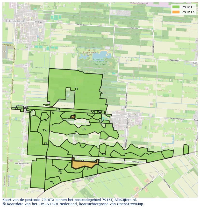 Afbeelding van het postcodegebied 7916 TX op de kaart.