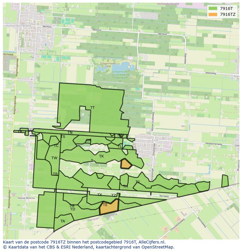 Afbeelding van het postcodegebied 7916 TZ op de kaart.