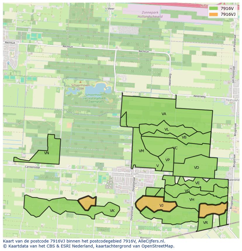 Afbeelding van het postcodegebied 7916 VJ op de kaart.
