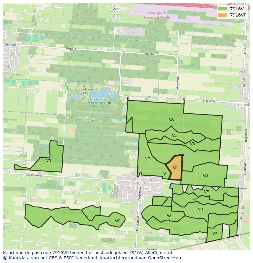 Afbeelding van het postcodegebied 7916 VP op de kaart.