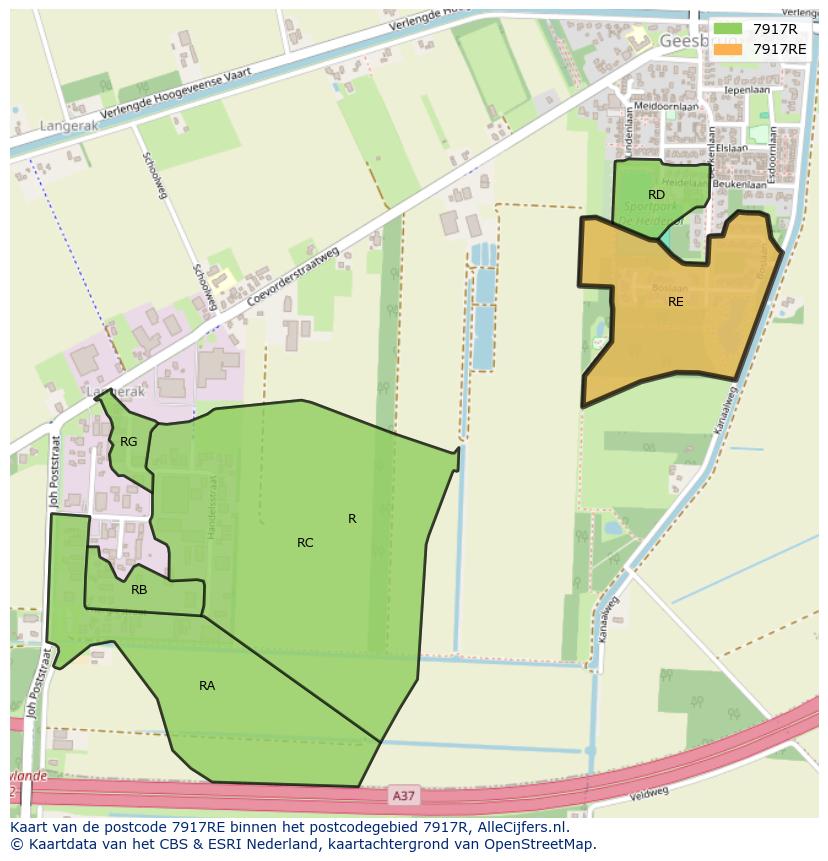 Afbeelding van het postcodegebied 7917 RE op de kaart.