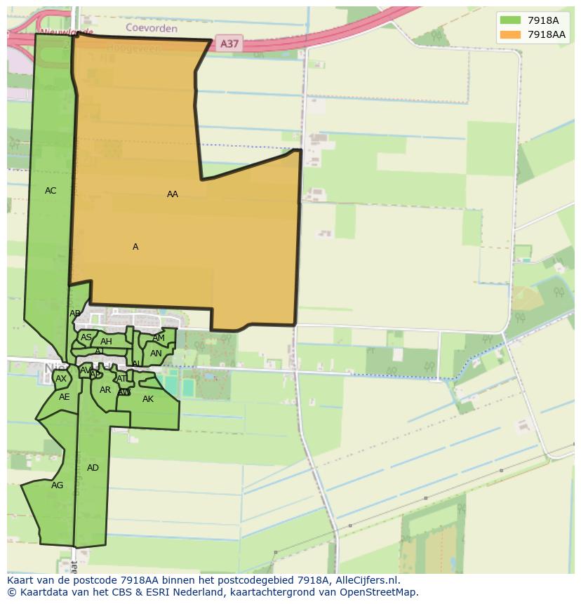Afbeelding van het postcodegebied 7918 AA op de kaart.