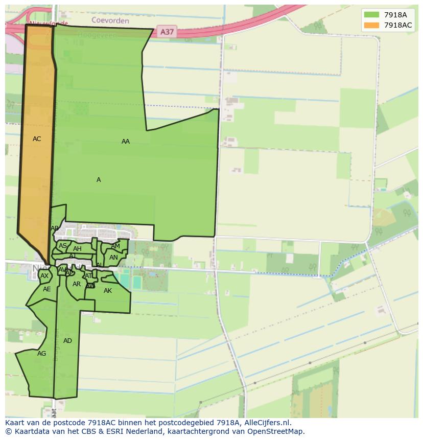 Afbeelding van het postcodegebied 7918 AC op de kaart.