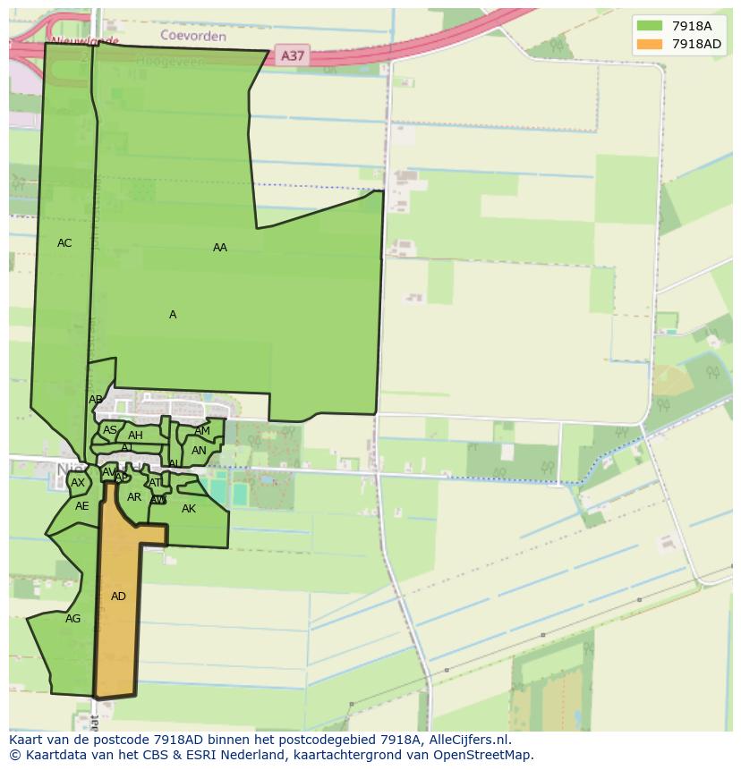 Afbeelding van het postcodegebied 7918 AD op de kaart.