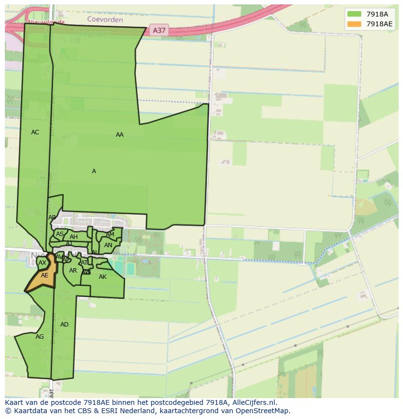 Afbeelding van het postcodegebied 7918 AE op de kaart.